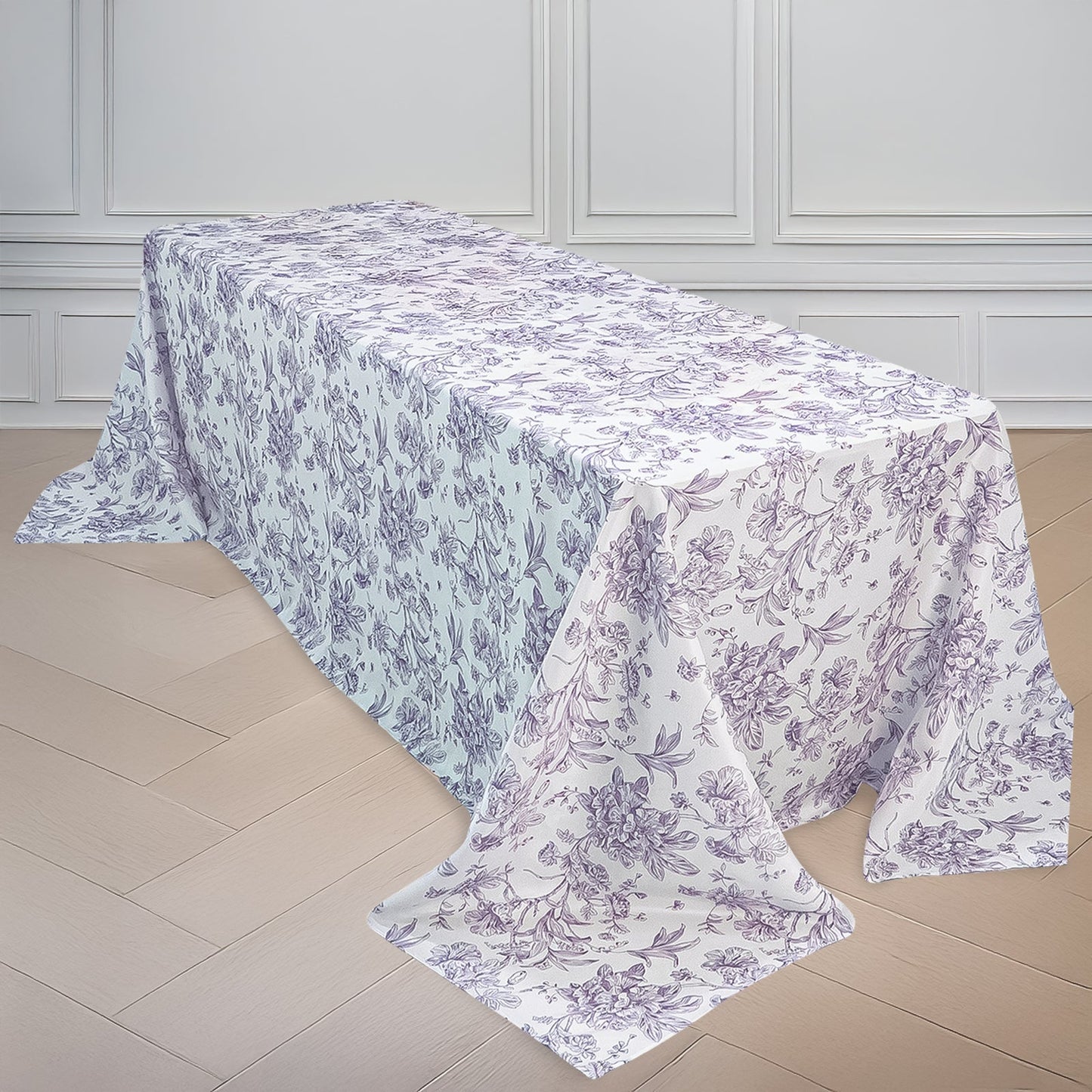 Polyester 90"x156" Rectangle Tablecloth White - Seamless Lavender Lilac French Toile Pattern for Grand Occasions