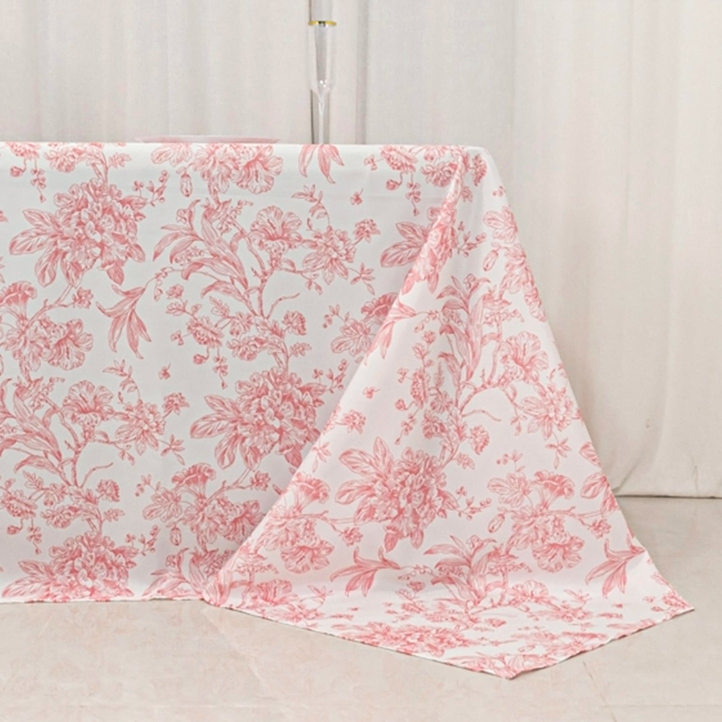 Polyester 90"x156" Rectangle Tablecloth White - Seamless Pink French Toile Pattern for Grand Occasions