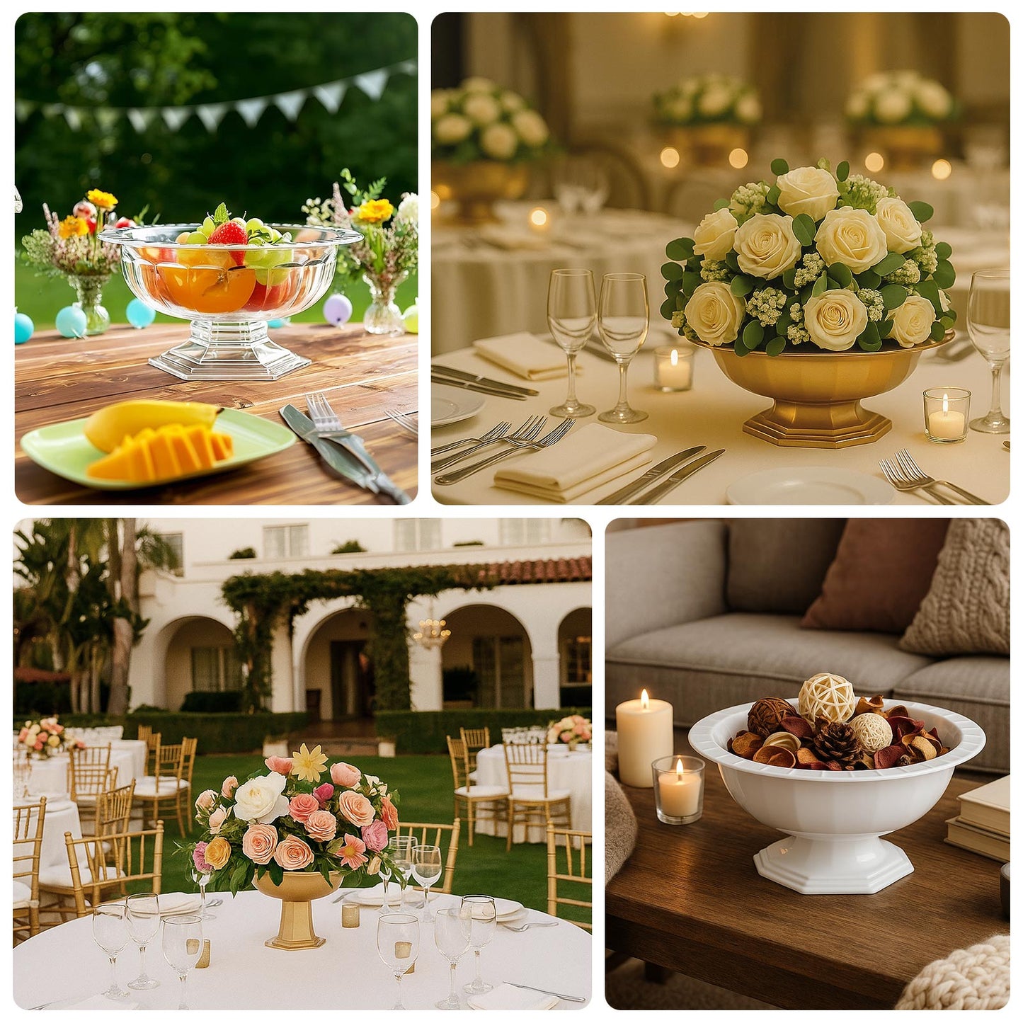 3 Pack Gold Roman Footed Compote Vases, 10"x7" Plastic Pedestal Flower Bowls for Table Centerpieces & Floral Displays