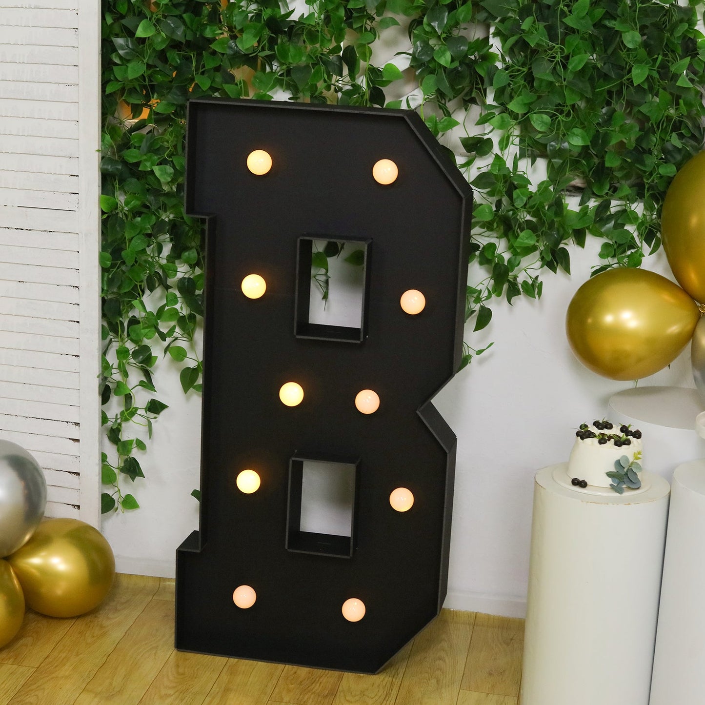 Giant LED Marquee Light Up Letter "B", Black 4ft Pre-Cut Foam Board with 10 Warm White Battery Operated LEDs, Glue Gun and Sticks