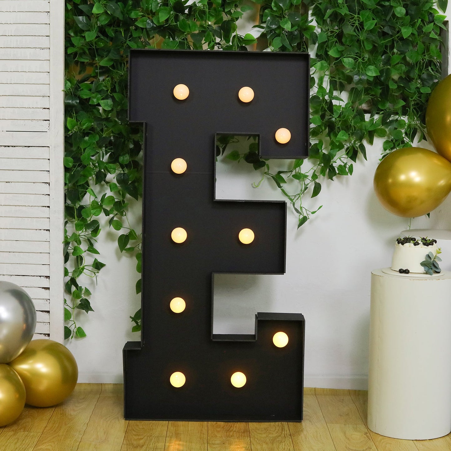 Giant LED Marquee Light Up Letter "E", Black 4ft Pre-Cut Foam Board with 10 Warm White Battery Operated LEDs, Glue Gun and Sticks
