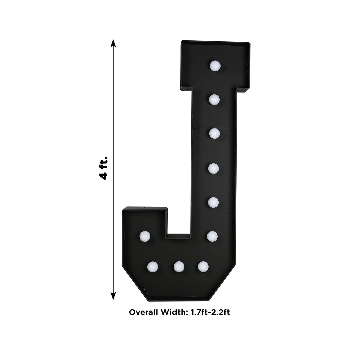Giant LED Marquee Light Up Letter "J", Black 4ft Pre-Cut Foam Board with 10 Warm White Battery Operated LEDs, Glue Gun and Sticks