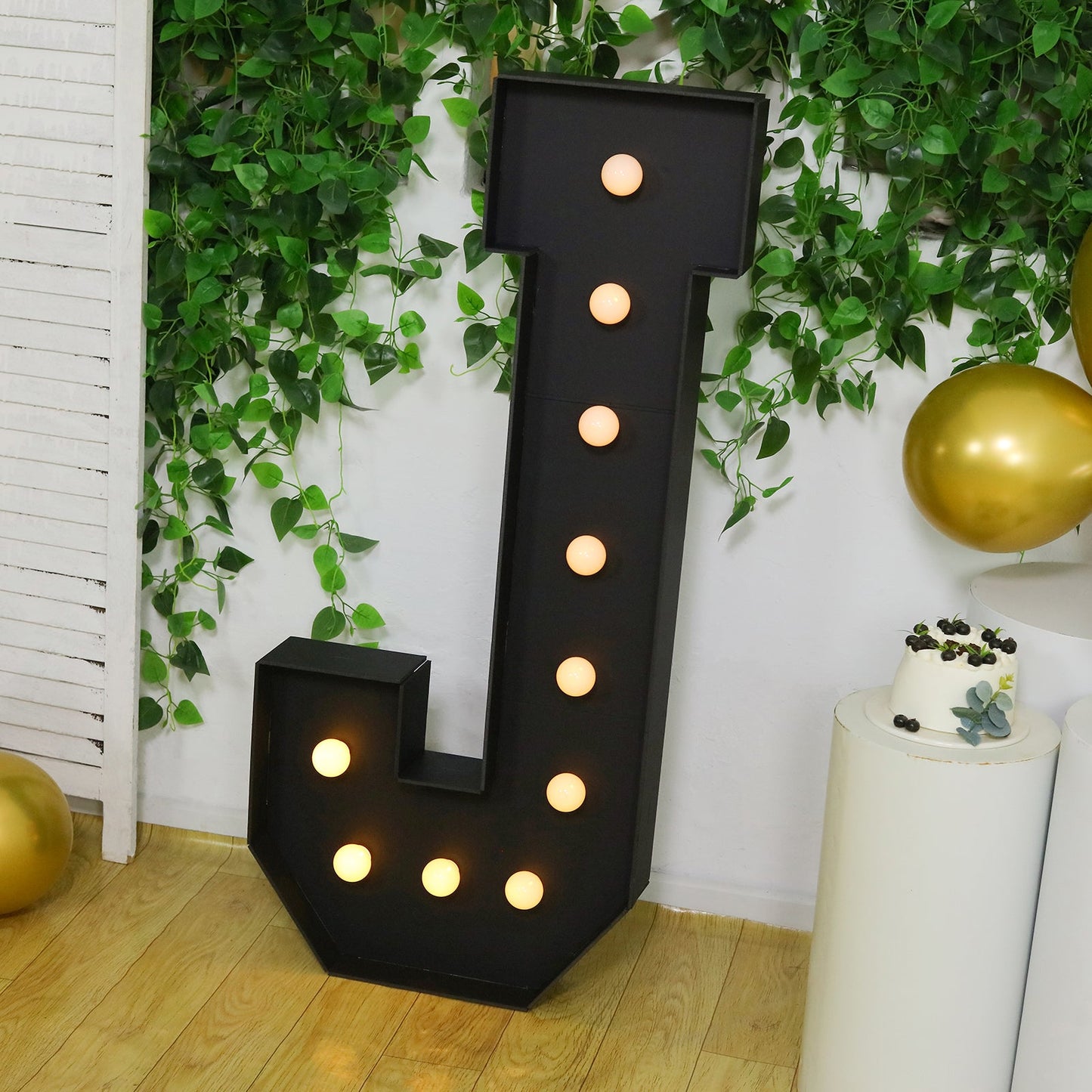 Giant LED Marquee Light Up Letter "J", Black 4ft Pre-Cut Foam Board with 10 Warm White Battery Operated LEDs, Glue Gun and Sticks