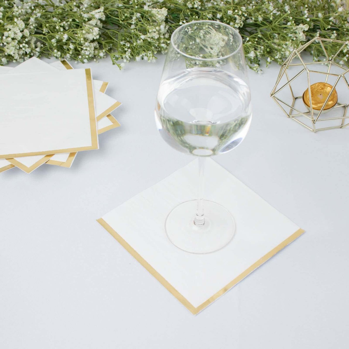 50-Pack Paper Beverage Napkins with Gold Foil Edge White - Disposable 2 Ply Cocktail Napkins for Events 6.5"x6.5"