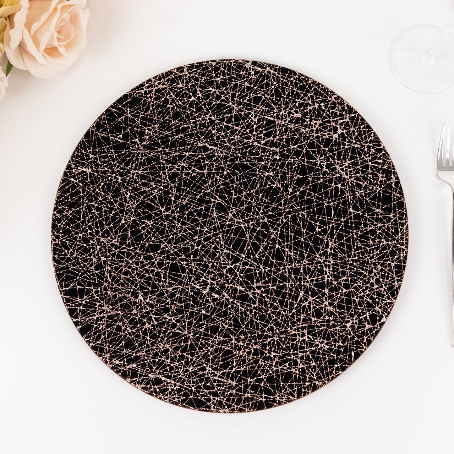 6-Pack Acrylic Round Charger Plates 13" in Black with Gold Glitter Abstract Lines Pattern, Decorative Dinner Party Charger Tableware