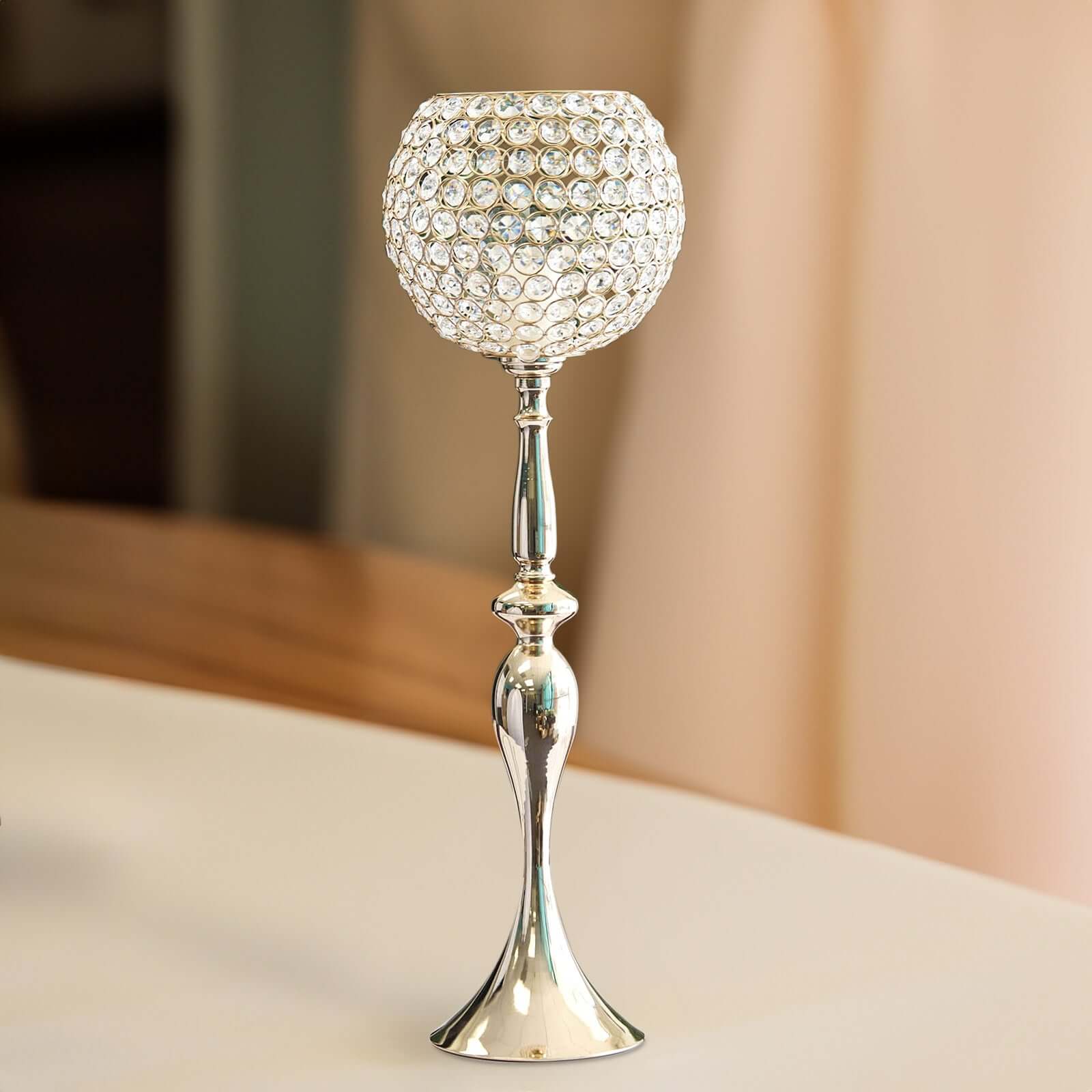 Acrylic Crystal Beaded Goblet Candle Holder Gold - Exquisite Flower Ball Centerpiece Stand for High - End Event Styling 30" - Linen Luxes