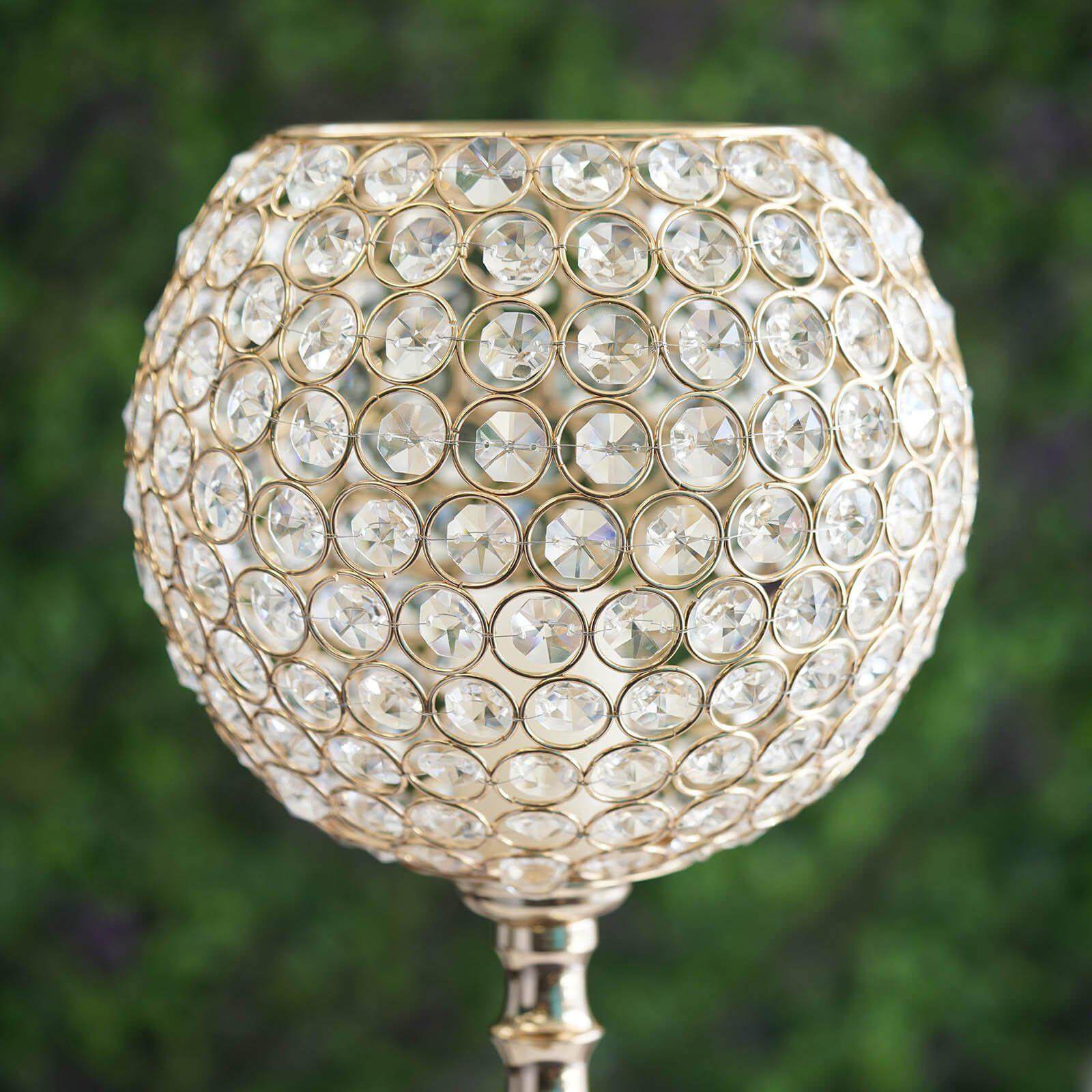 Acrylic Crystal Beaded Goblet Candle Holder Gold - Exquisite Flower Ball Centerpiece Stand for High - End Event Styling 30" - Linen Luxes