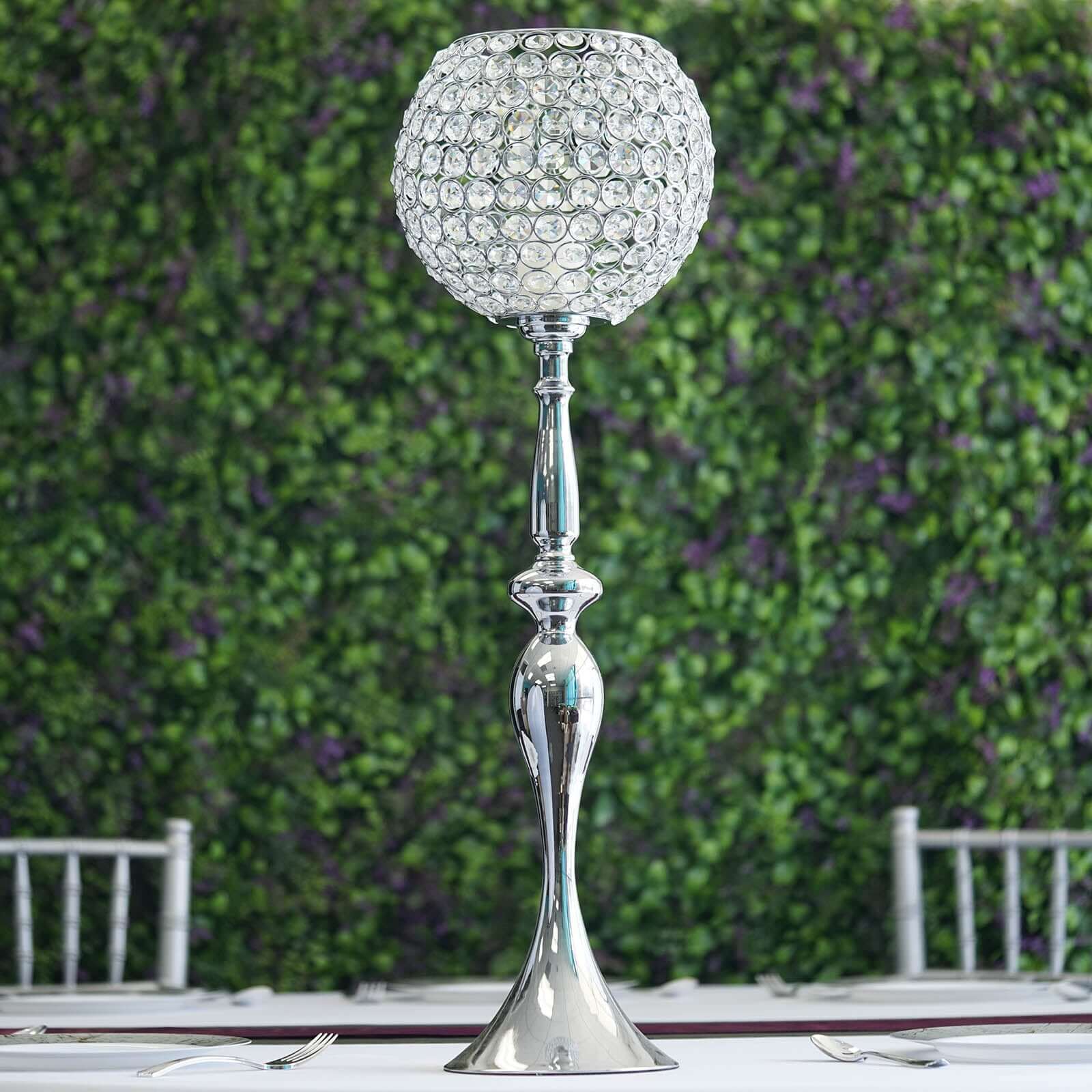 Acrylic Crystal Beaded Goblet Candle Holder Silver - Exquisite Flower Ball Centerpiece Stand for High - End Event Styling 30" - Linen Luxes
