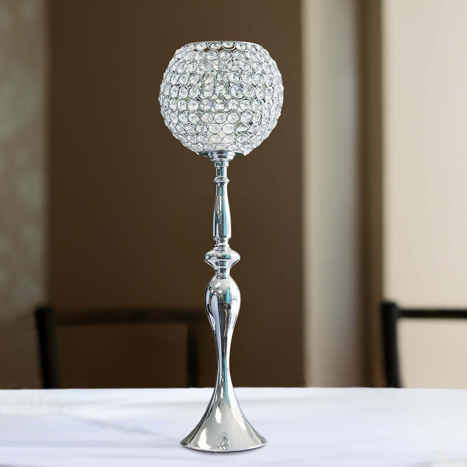 Acrylic Crystal Beaded Goblet Candle Holder Silver - Exquisite Flower Ball Centerpiece Stand for High - End Event Styling 30" - Linen Luxes