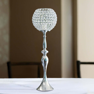 Acrylic Crystal Beaded Goblet Candle Holder Silver - Exquisite Flower Ball Centerpiece Stand for High - End Event Styling 30" - Linen Luxes