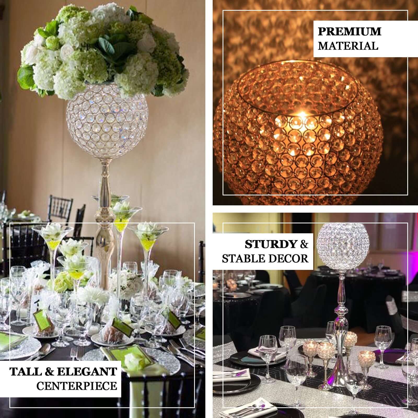Acrylic Crystal Beaded Goblet Candle Holder Silver - Exquisite Flower Ball Centerpiece Stand for High - End Event Styling 30" - Linen Luxes