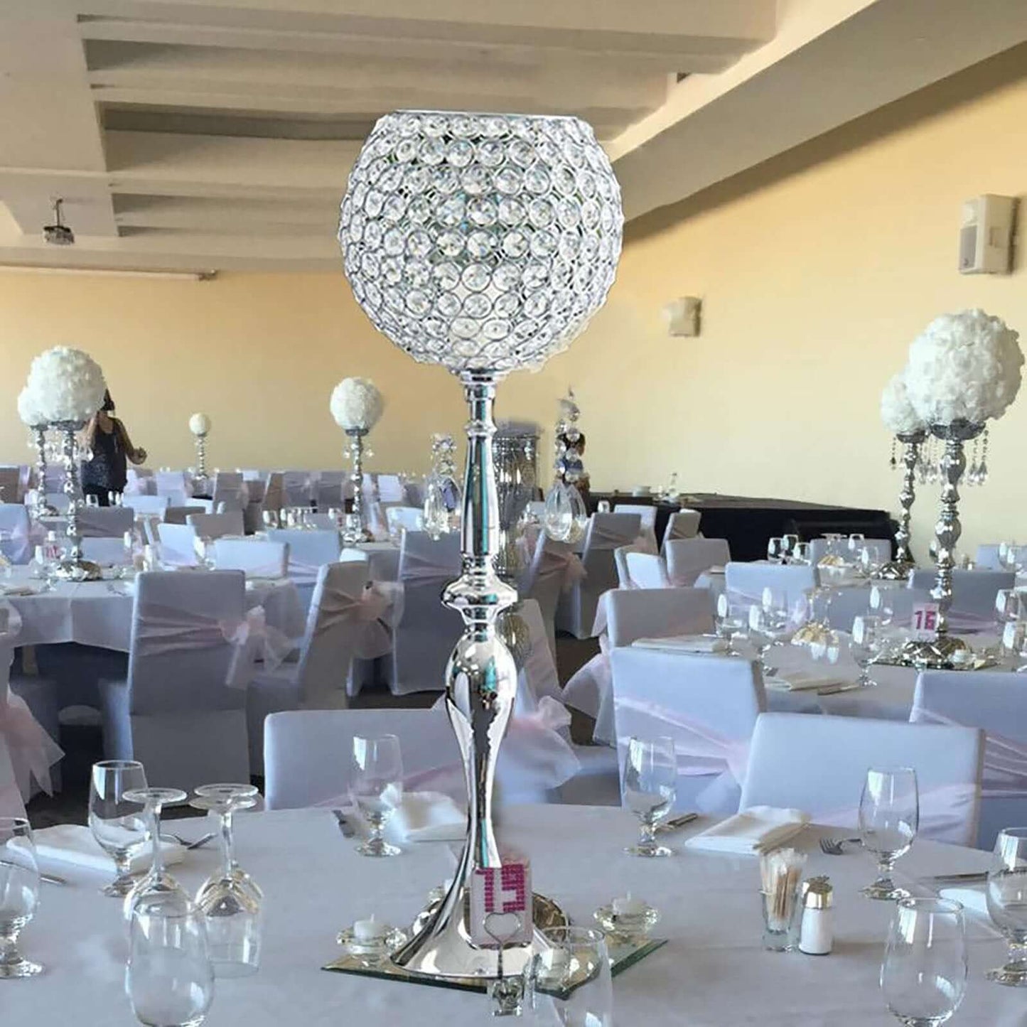 Acrylic Crystal Beaded Goblet Candle Holder Silver - Exquisite Flower Ball Centerpiece Stand for High - End Event Styling 30" - Linen Luxes