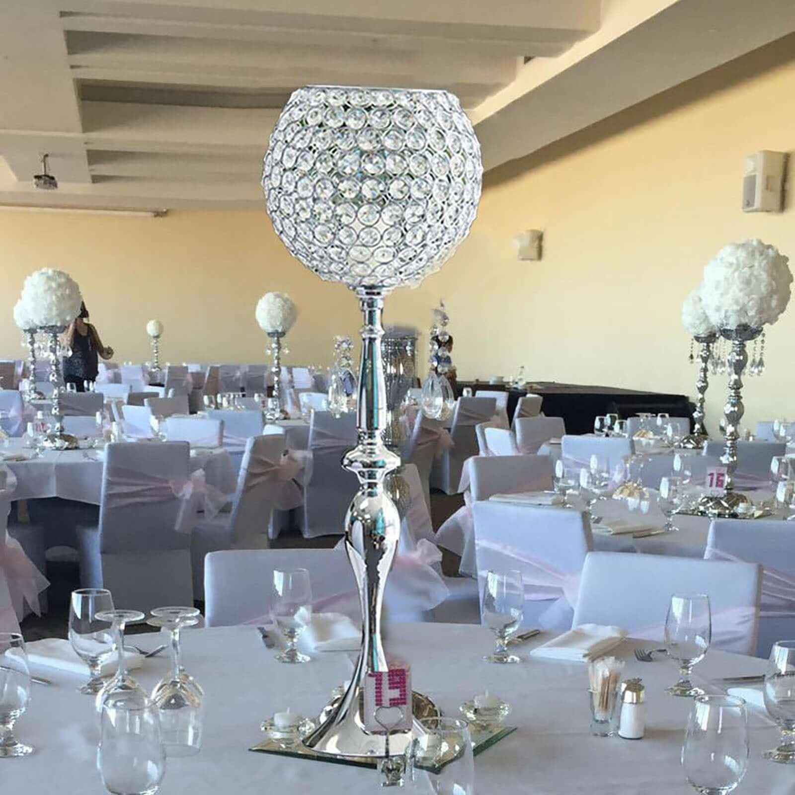 Acrylic Crystal Beaded Goblet Candle Holder Silver - Exquisite Flower Ball Centerpiece Stand for High - End Event Styling 30" - Linen Luxes
