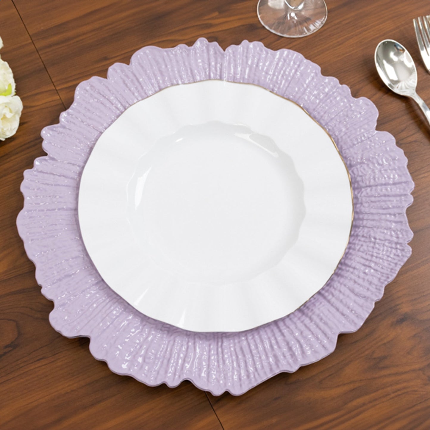 6-Pack Acrylic Plastic Round Charger Plates 13" in Lavender Lilac with Reef Design, Dinner Charger Tableware