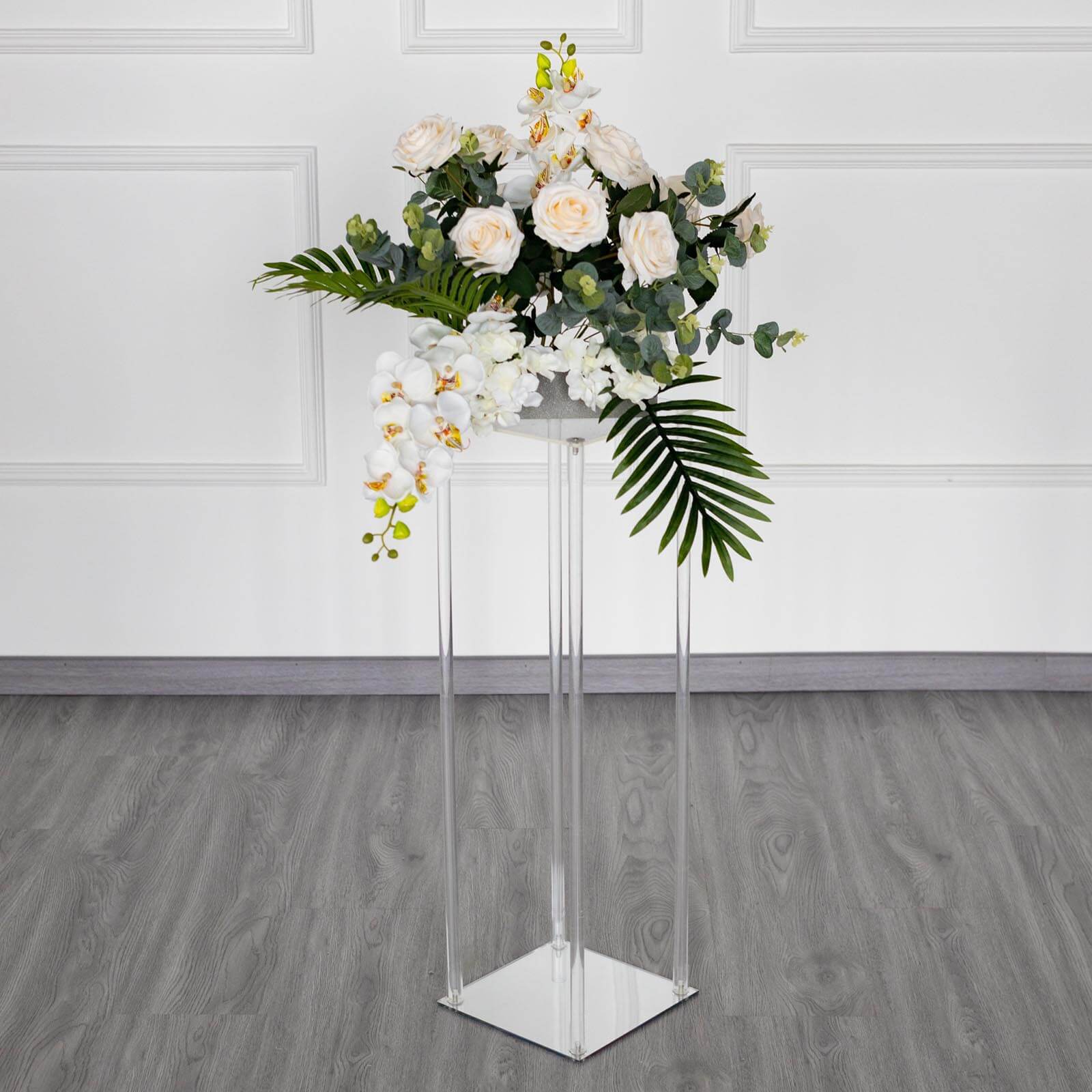 Acrylic Floor Vase Flower Stand with Square Mirror Base Clear - Decorative Wedding Column Centerpiece 32" - Linen Luxes