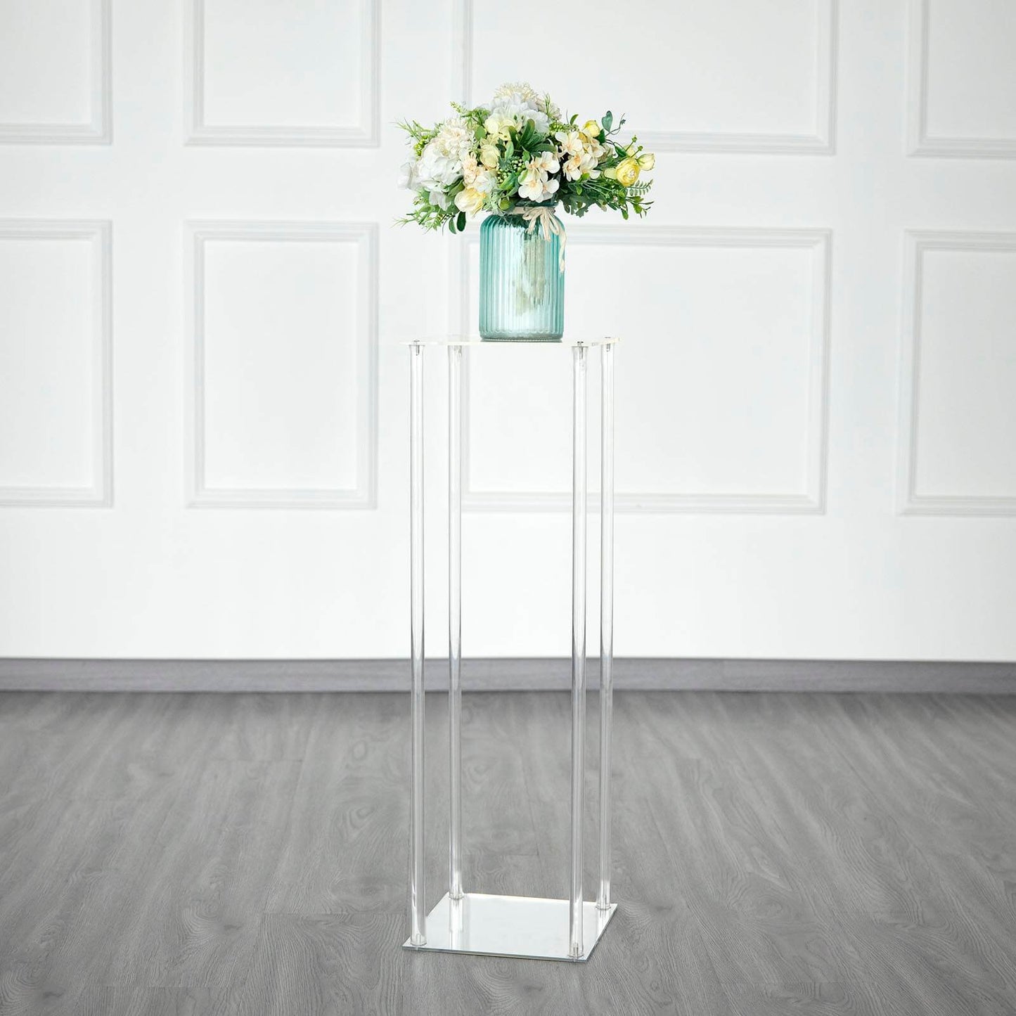Acrylic Floor Vase Flower Stand with Square Mirror Base Clear - Decorative Wedding Column Centerpiece 32" - Linen Luxes