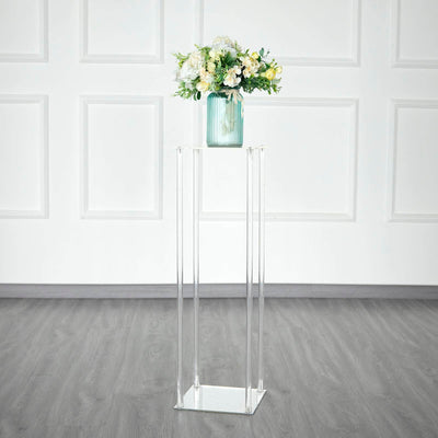 Acrylic Floor Vase Flower Stand with Square Mirror Base Clear - Decorative Wedding Column Centerpiece 32" - Linen Luxes