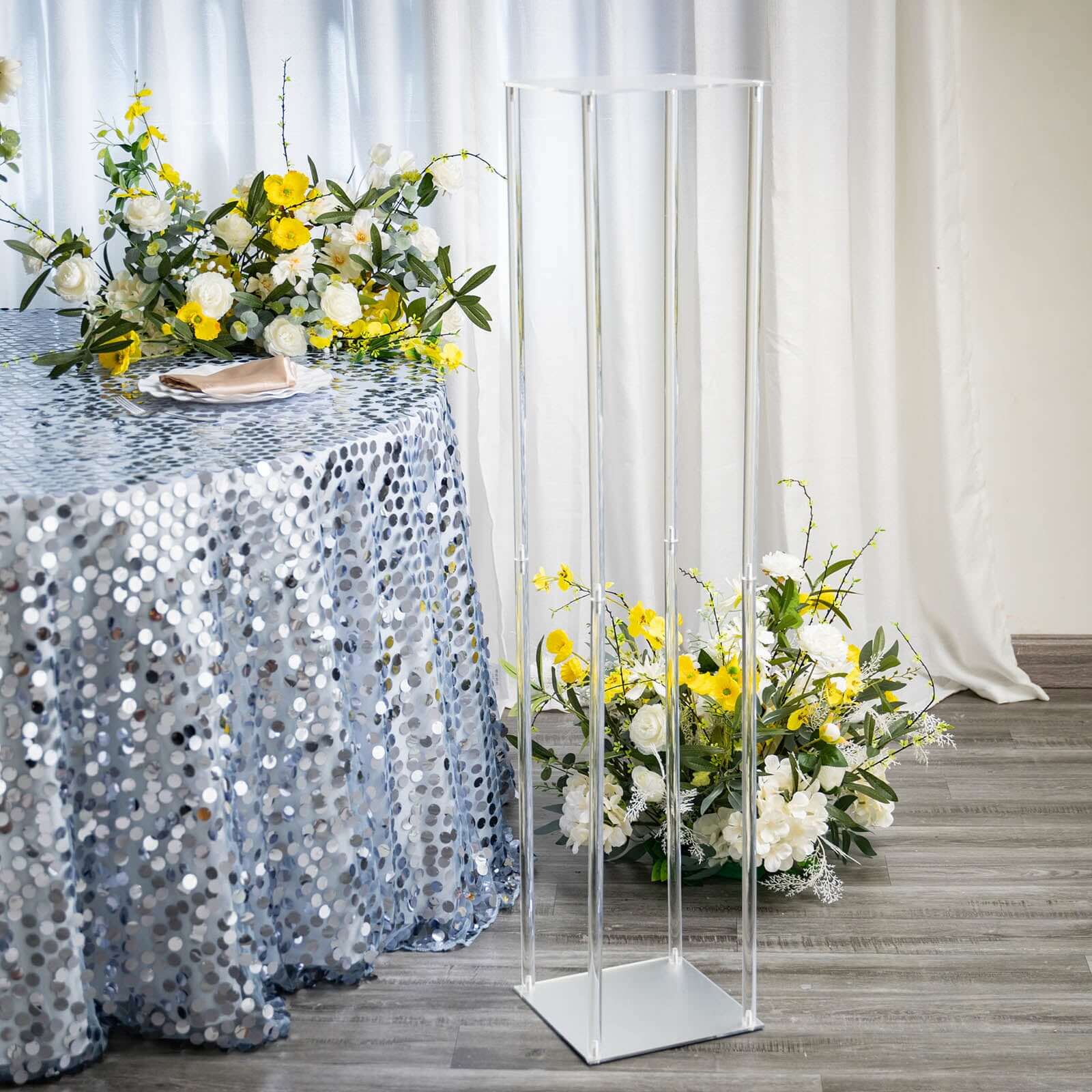 Acrylic Floor Vase Flower Stand with Square Mirror Base Clear - Decorative Wedding Column for Large Events 48" - Linen Luxes