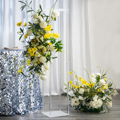 Acrylic Floor Vase Flower Stand with Square Mirror Base Clear - Decorative Wedding Column for Large Events 48" - Linen Luxes
