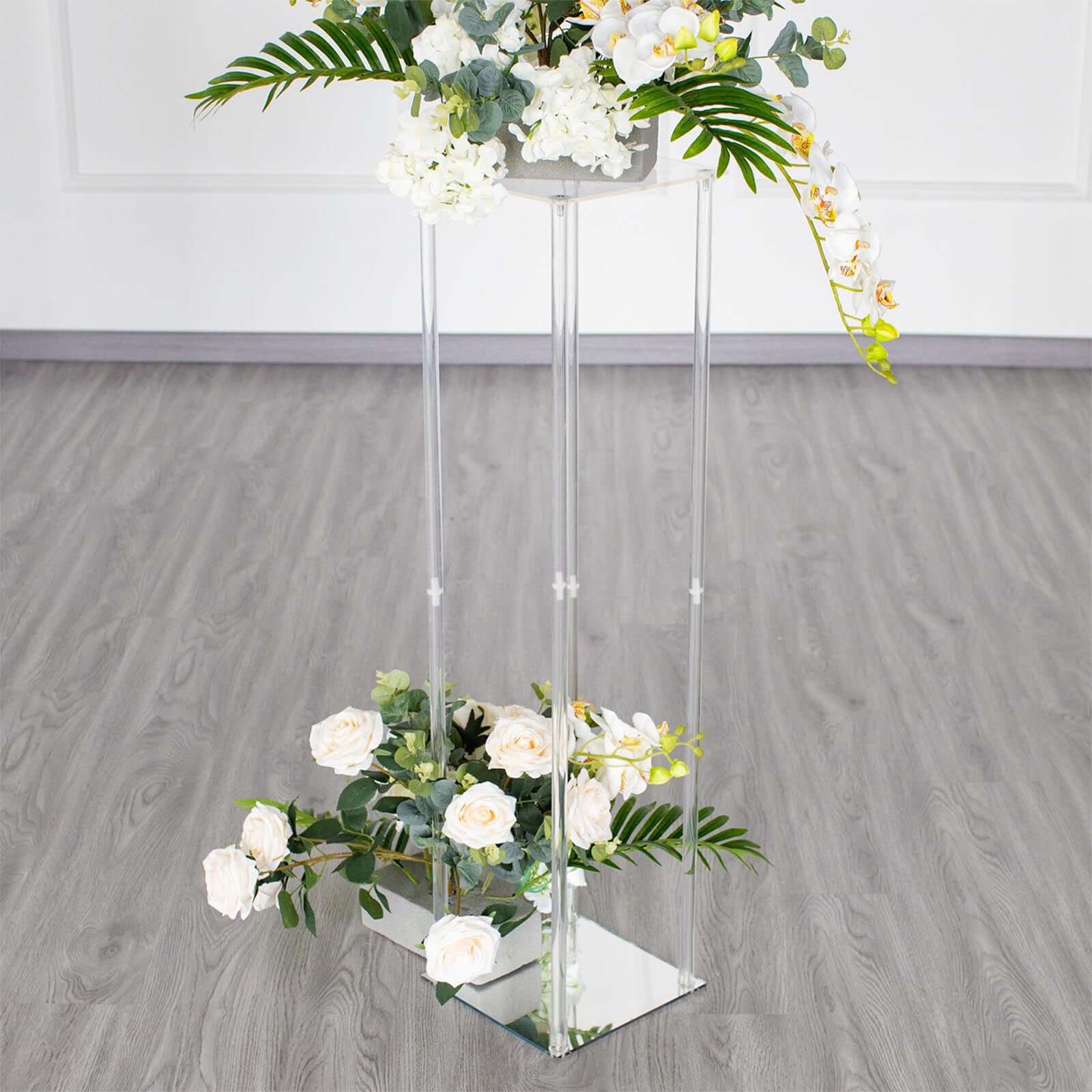 Acrylic Floor Vase Flower Stand with Square Mirror Base Clear - Durable Wedding Column Centerpiece for Events 40" - Linen Luxes