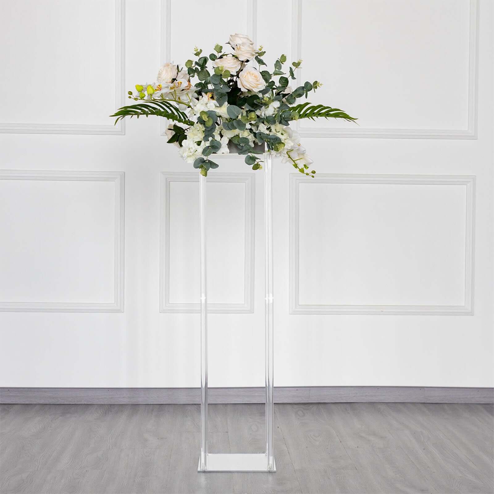 Acrylic Floor Vase Flower Stand with Square Mirror Base Clear - Durable Wedding Column Centerpiece for Events 40" - Linen Luxes