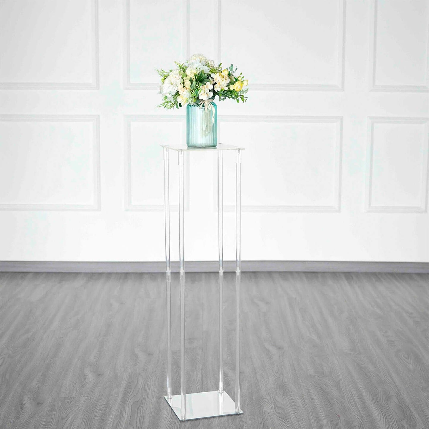 Acrylic Floor Vase Flower Stand with Square Mirror Base Clear - Durable Wedding Column Centerpiece for Events 40" - Linen Luxes