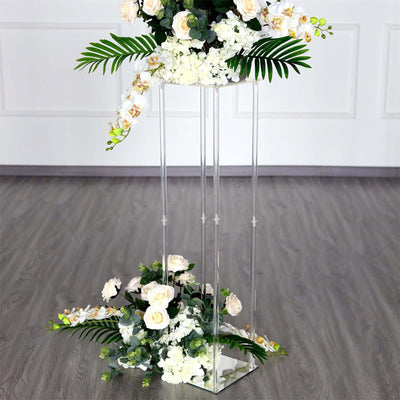 Acrylic Floor Vase Flower Stand with Square Mirror Base Clear - Durable Wedding Column Centerpiece for Events 40" - Linen Luxes
