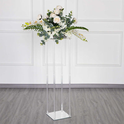 Acrylic Floor Vase Flower Stand with Square Mirror Base Clear - Durable Wedding Column Centerpiece for Events 40" - Linen Luxes
