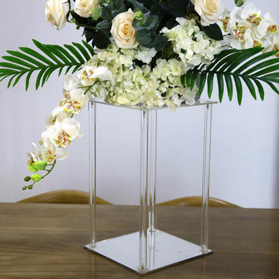 Acrylic Flower Vase Pillar Stand with Square Mirror Base Clear - Stylish Wedding Table Centerpiece 16" - Linen Luxes