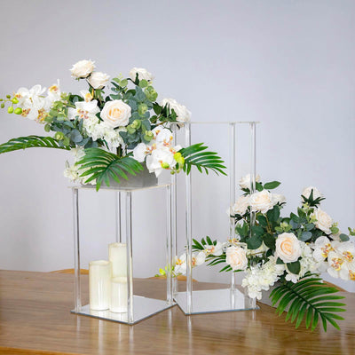 Acrylic Flower Vase Pillar Stand with Square Mirror Base Clear - Stylish Wedding Table Centerpiece 16" - Linen Luxes