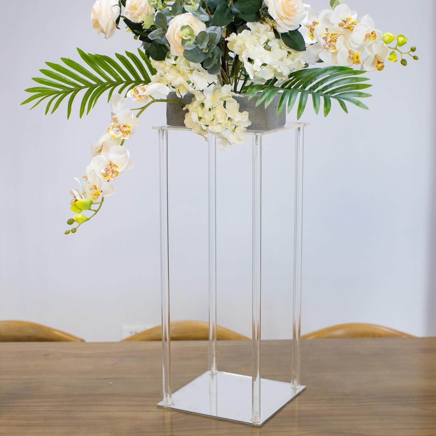 Acrylic Flower Vase Pillar Stand with Square Mirror Base Clear - Versatile Wedding Table Centerpiece 24" - Linen Luxes