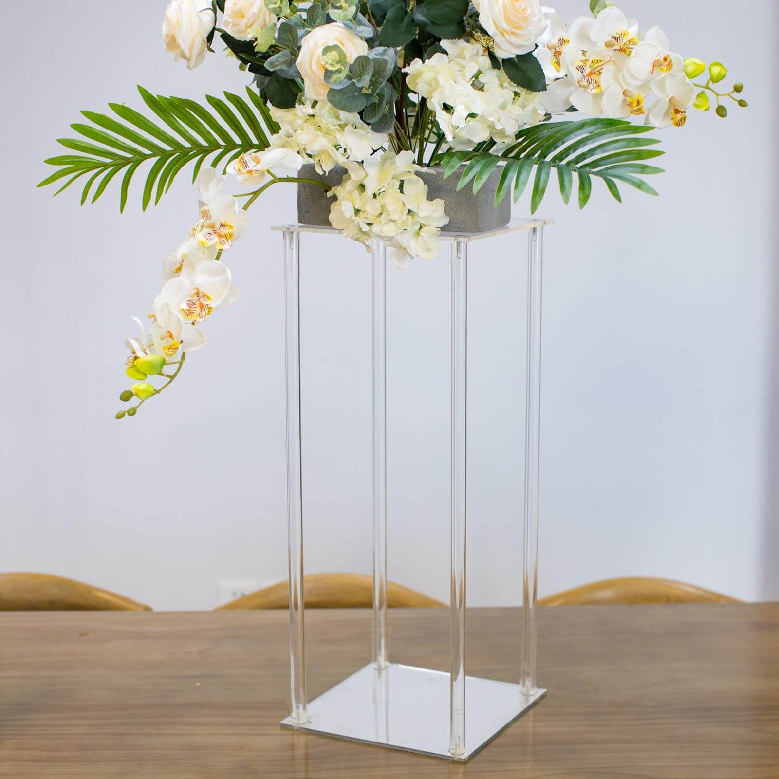 Acrylic Flower Vase Pillar Stand with Square Mirror Base Clear - Versatile Wedding Table Centerpiece 24" - Linen Luxes