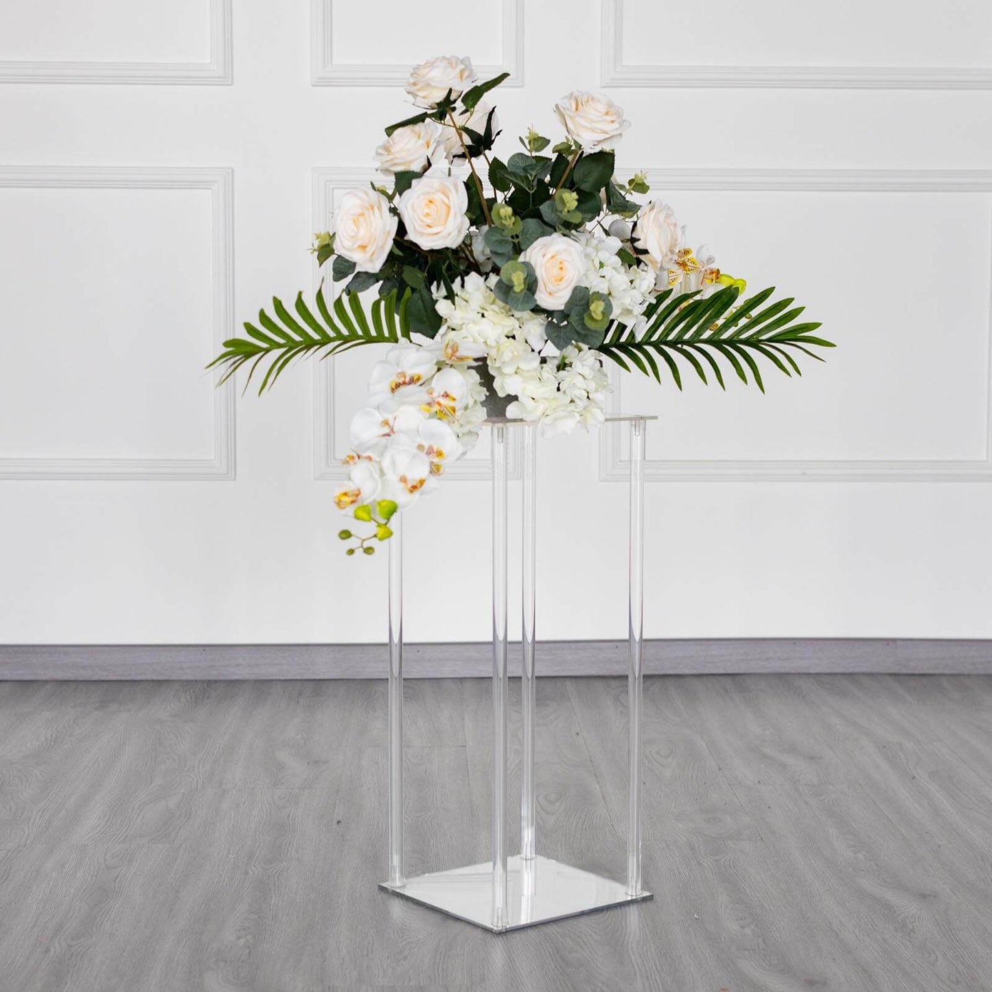 Acrylic Flower Vase Pillar Stand with Square Mirror Base Clear - Versatile Wedding Table Centerpiece 24" - Linen Luxes