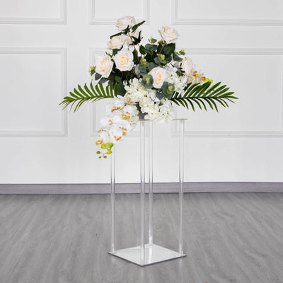 Acrylic Flower Vase Pillar Stand with Square Mirror Base Clear - Versatile Wedding Table Centerpiece 24" - Linen Luxes