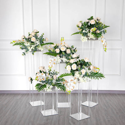 Acrylic Flower Vase Pillar Stand with Square Mirror Base Clear - Versatile Wedding Table Centerpiece 24" - Linen Luxes