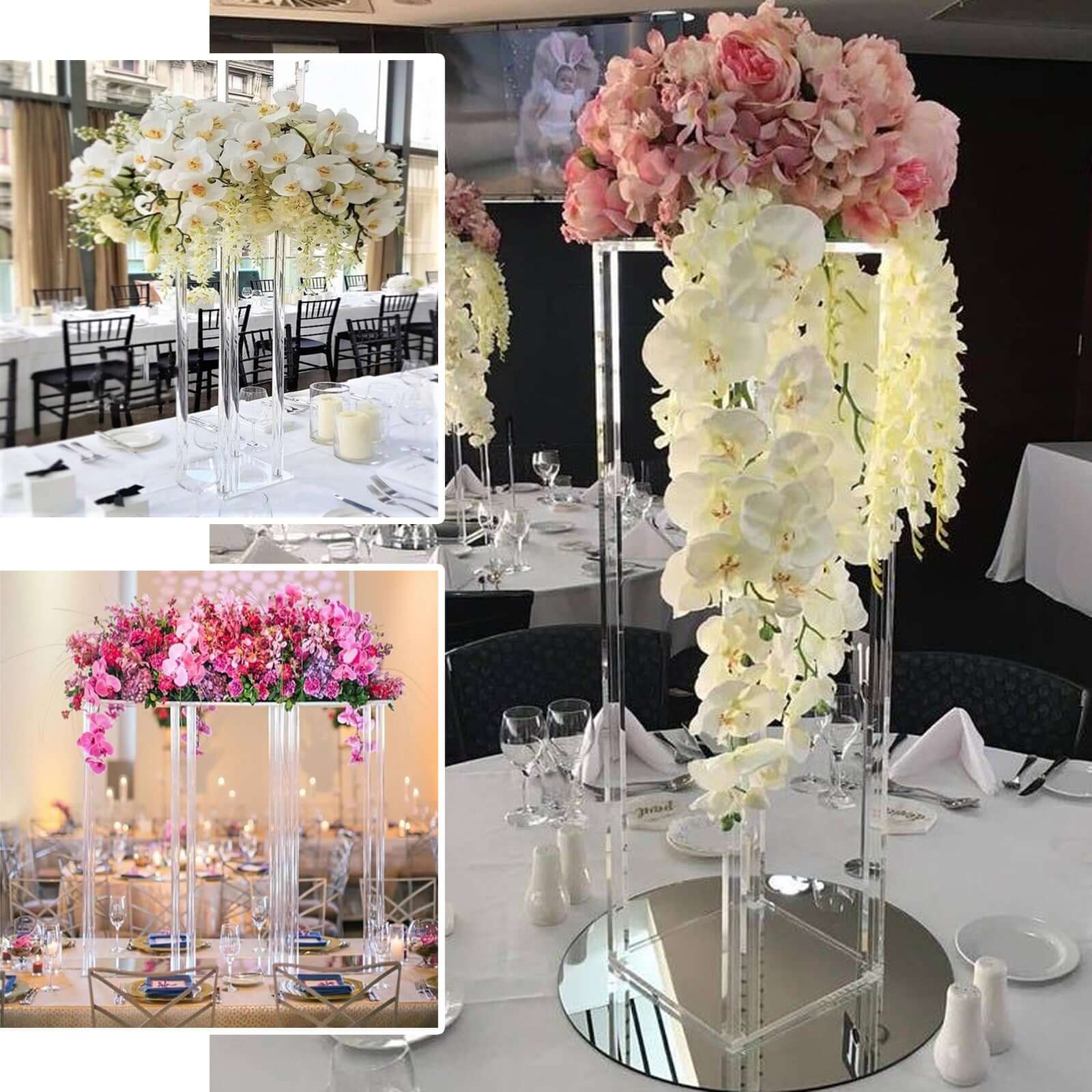 Acrylic Flower Vase Pillar Stand with Square Mirror Base Clear - Versatile Wedding Table Centerpiece 24" - Linen Luxes