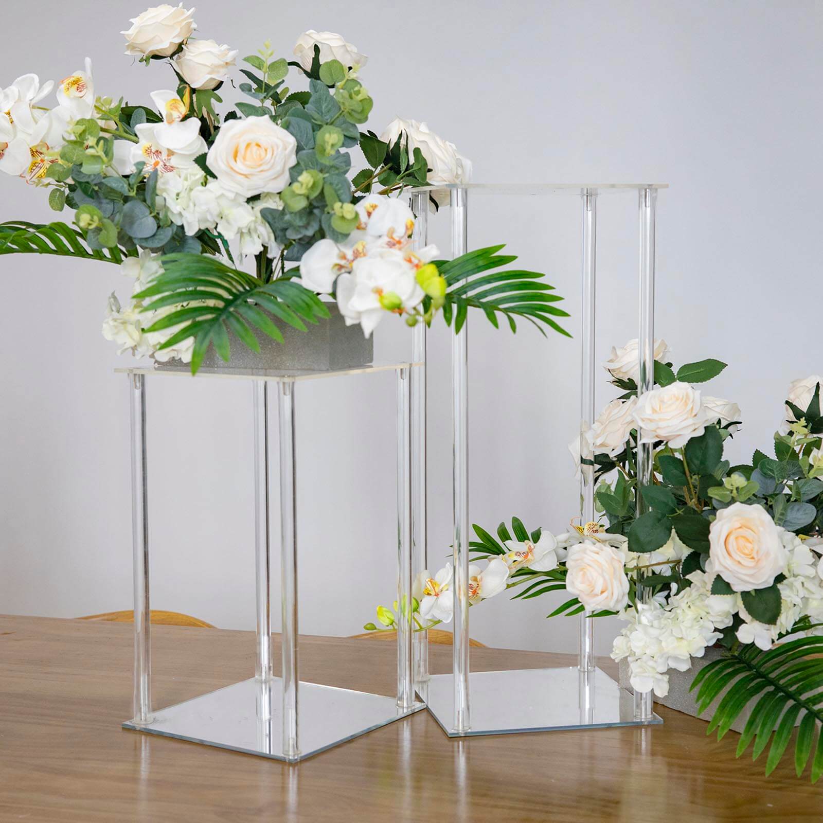 Acrylic Flower Vase Pillar Stand with Square Mirror Base Clear - Versatile Wedding Table Centerpiece 24" - Linen Luxes