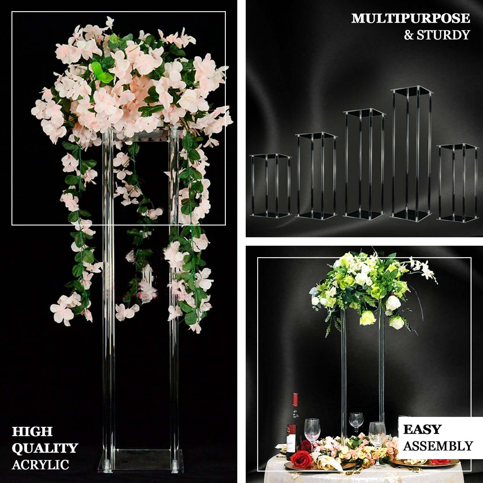 Acrylic Flower Vase Pillar Stand with Square Mirror Base Clear - Versatile Wedding Table Centerpiece 24" - Linen Luxes