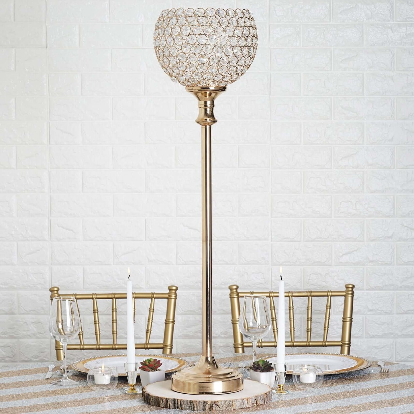 Acrylic Votive Candle Holder Crystal Goblet Design Gold - Table Centerpiece for Weddings 37" - Linen Luxes