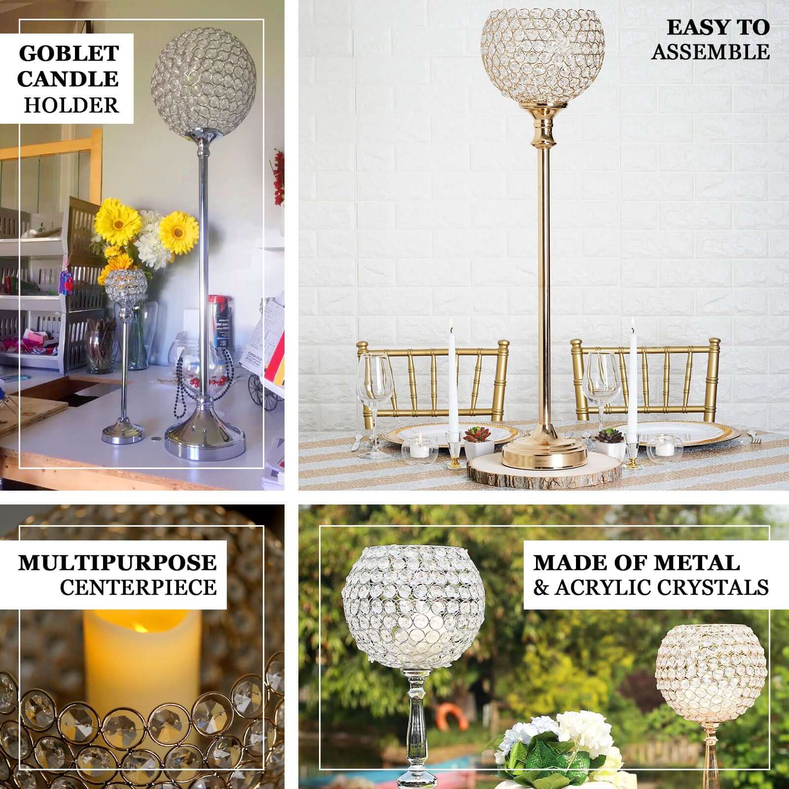 Acrylic Votive Candle Holder Crystal Goblet Design Gold - Table Centerpiece for Weddings 37" - Linen Luxes