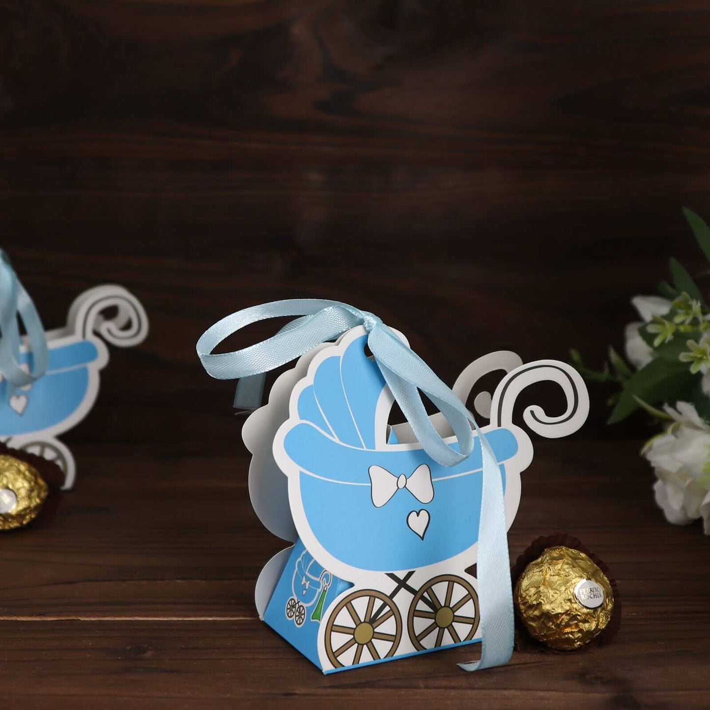 25 Pack Light Blue Baby Paper Stroller Party Favor Gift Boxes, Cardstock Carriage Candy Boxes with Ribbon Ties - 4.5"x2"x4"