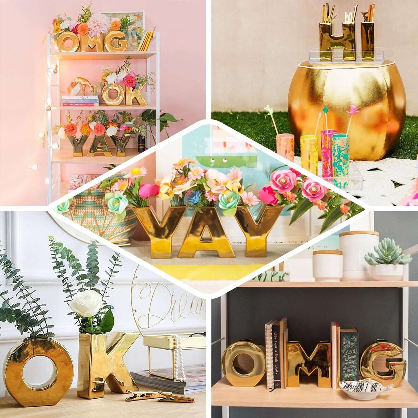 Shiny Ceramic Vase Letter "Y" Gold Plated - Chic Bud Planter Pot for Events & Decor 6"