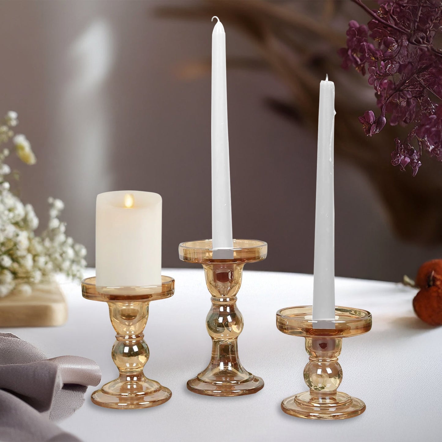 Set of 3 Glass Pillar Candle Holders Amber Gold with Round Tray - Crystal Ball Stem Taper Candlestick Tea Light Stands 3.5", 4.5", 5.5"