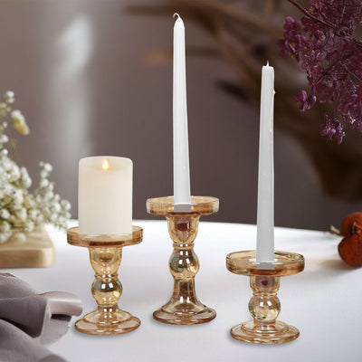 Set of 3 Glass Pillar Candle Holders Amber Gold with Round Tray - Crystal Ball Stem Taper Candlestick Tea Light Stands 3.5", 4.5", 5.5"
