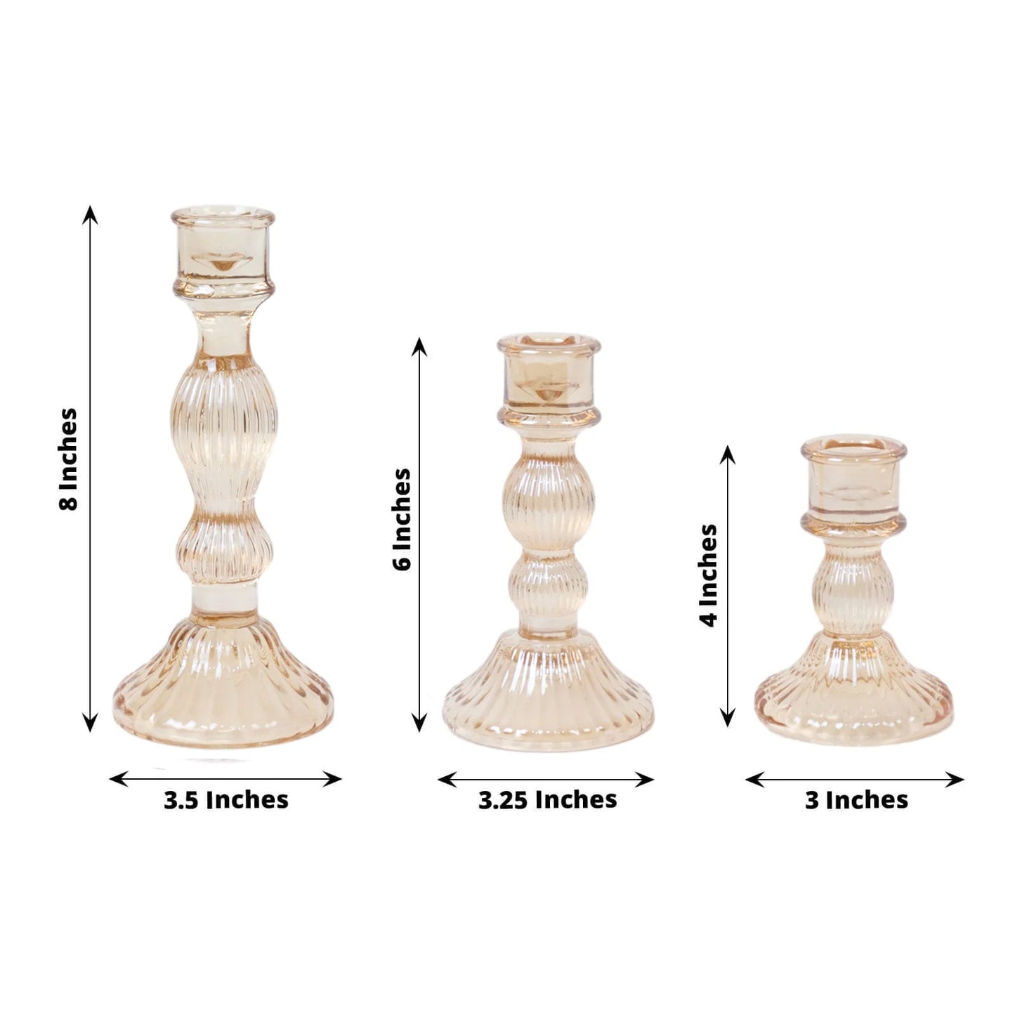 Set of 3 Amber Gold Ribbed Glass Taper Candlestick Holders, Fluted Crystal Candle Stands - 4", 6", 8"