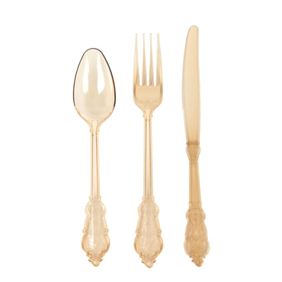72 Pcs Plastic Silverware Set in Baroque Style Amber Gold - Heavy Duty Disposable Knife, Fork, and Spoon Set