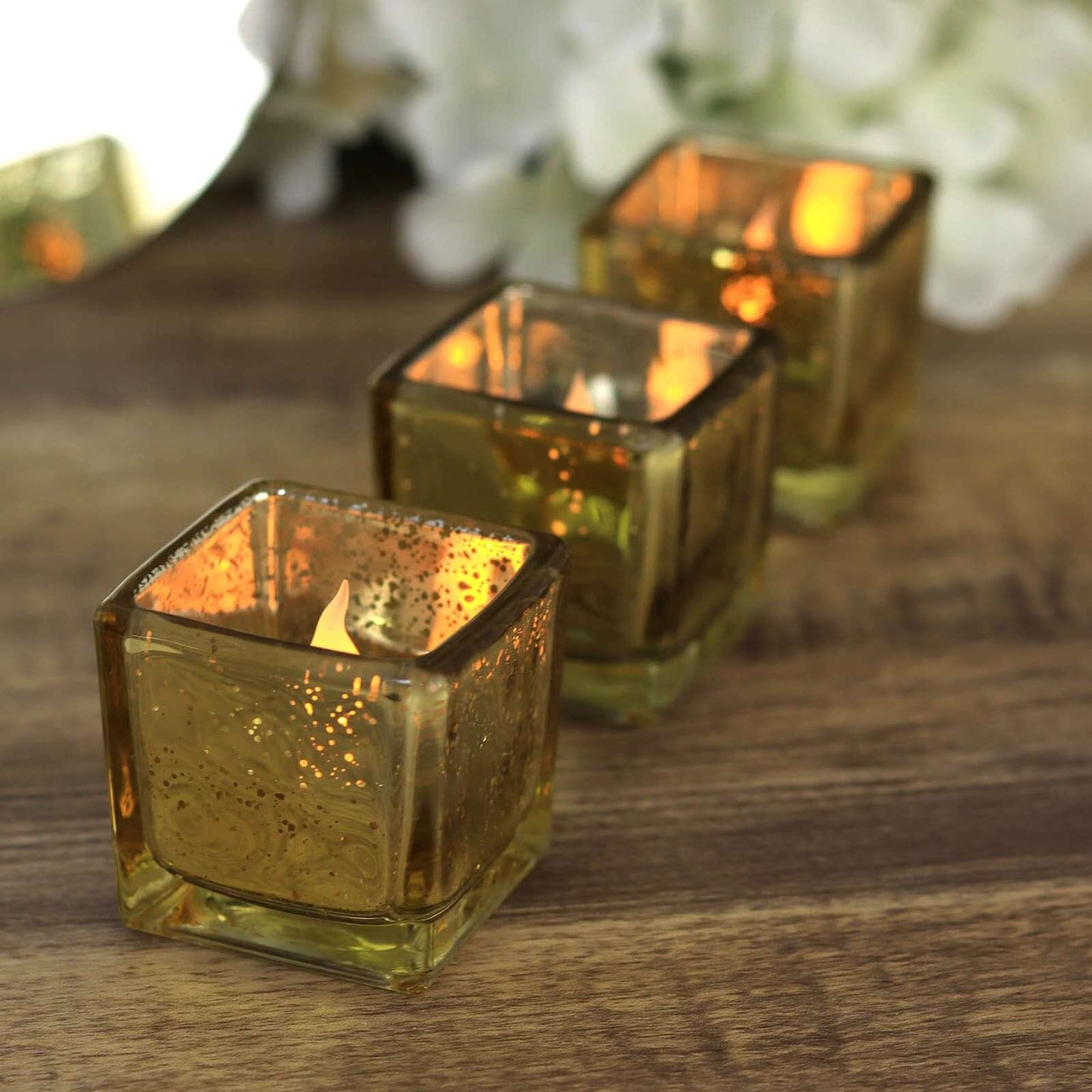 12-Pack Mercury Glass Candle Holders Gold with Speckled Design - Square Votive Tealight Holders 2"