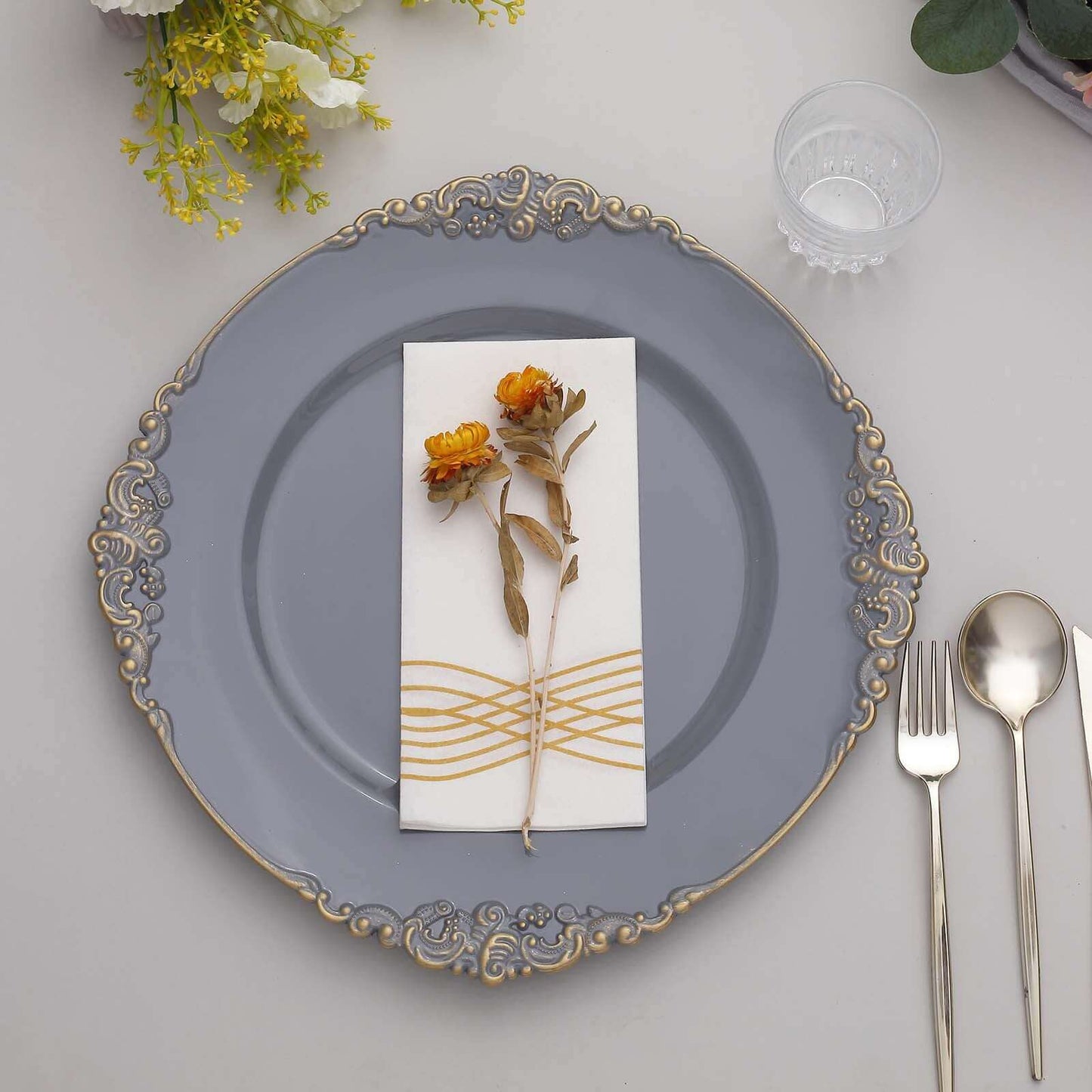 6-Pack Acrylic Round Charger Plates 13" in Charcoal Gray with Gold Embossed Baroque Rim, Antique Decorative Dinner Party Charger Tableware