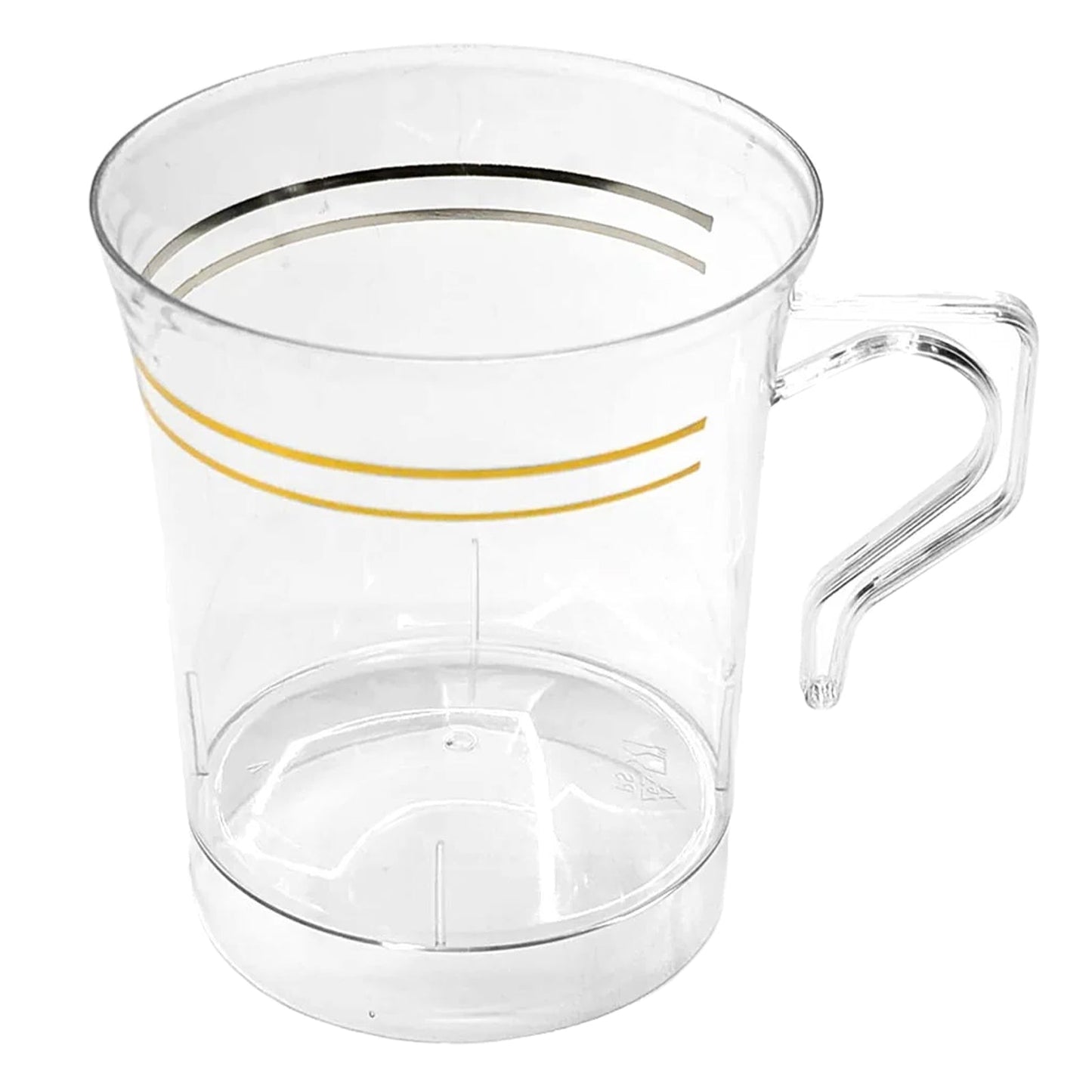 8-Pack Plastic Coffee Mugs Clear with Gold Stripes - Sturdy Disposable Cups for Coffee and Tea 8oz 3.5"