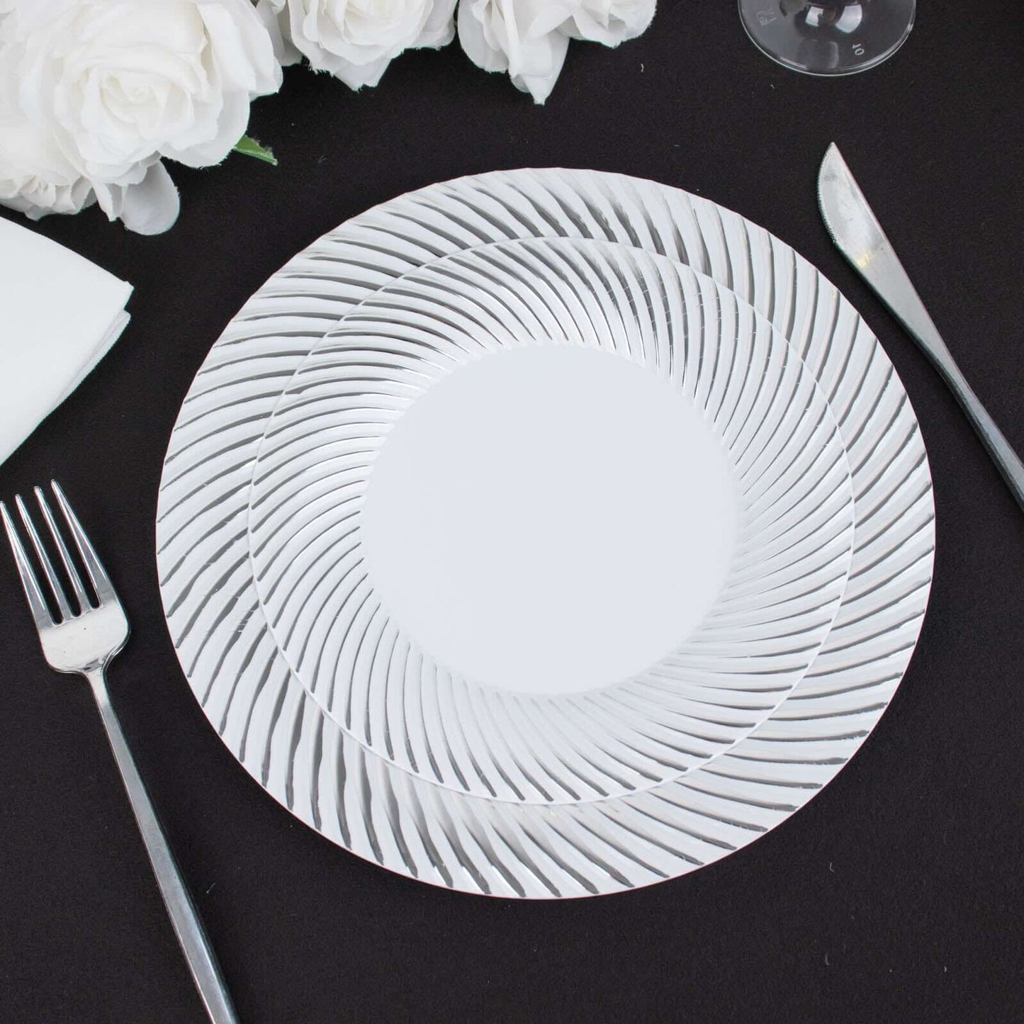 10-Pack Plastic 7" Round Dessert Plates in White with Silver Swirl Rim - Disposable Salad Plates